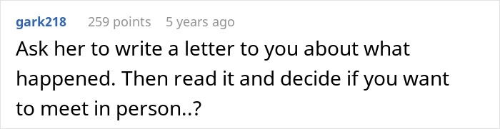 Comment suggesting to ask fiancé who disappeared to write a letter explaining what happened before deciding to meet in person.
