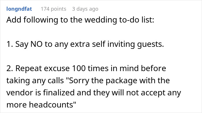 Screenshot of a Reddit comment discussing uninvited guest issues and managing wedding night guest expectations.