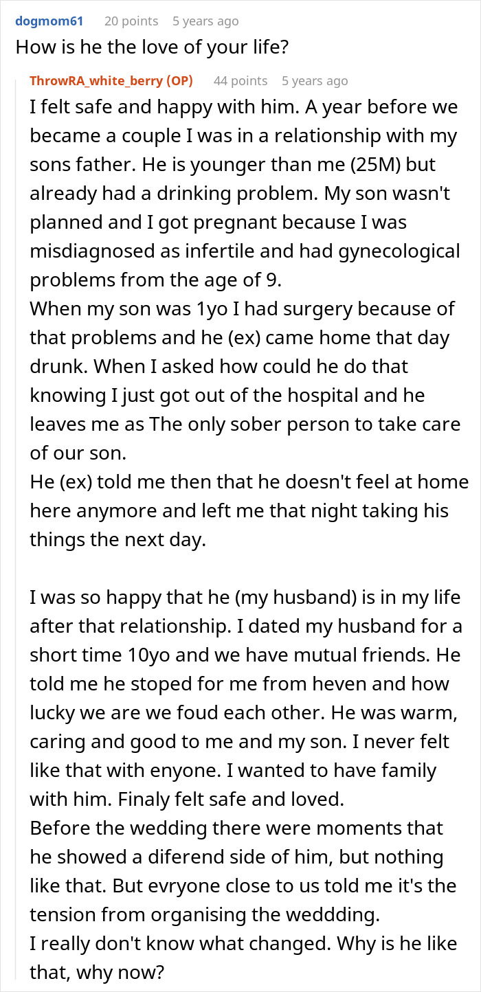 Screenshot of a forum post where a woman shares how her marriage fell apart soon after her husband ruined their wedding.