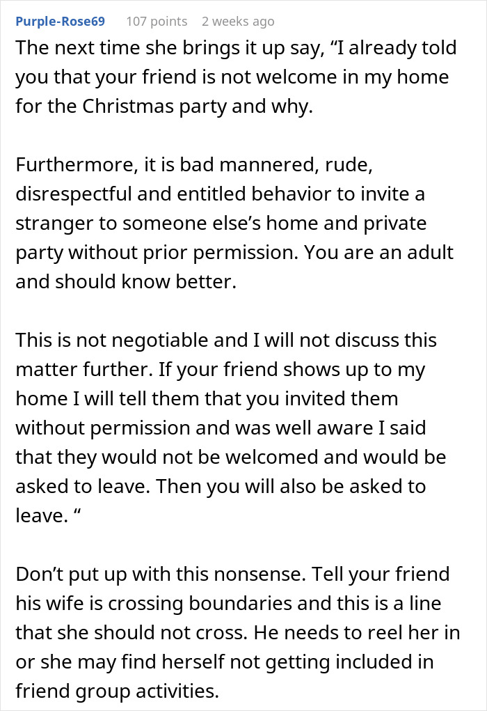 Text post advising setting boundaries when a host tells friend&rsquo;s wife she can&rsquo;t invite random people to house for Christmas.