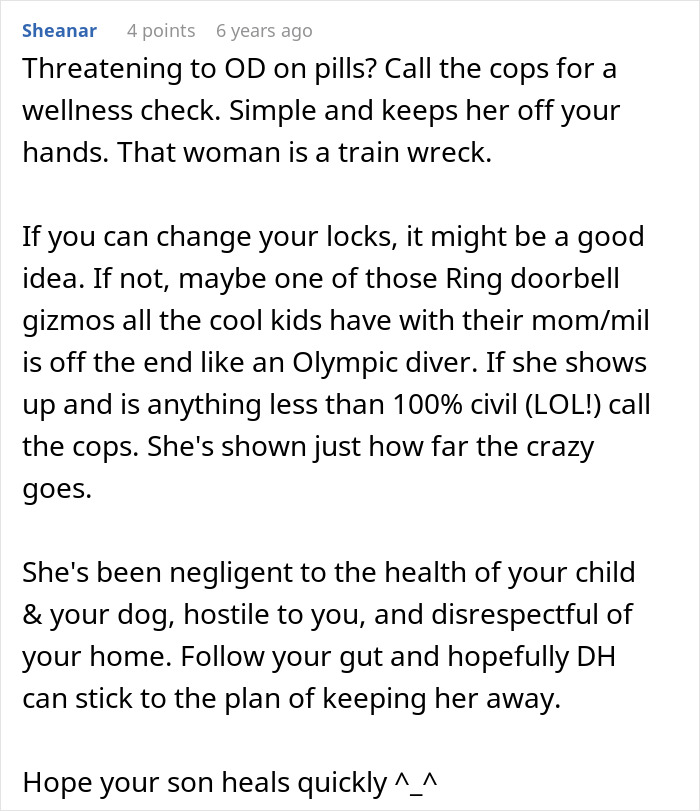 Screenshot of online advice discussing MIL poisoning family dog, verbal attacks, and eviction from house and life.