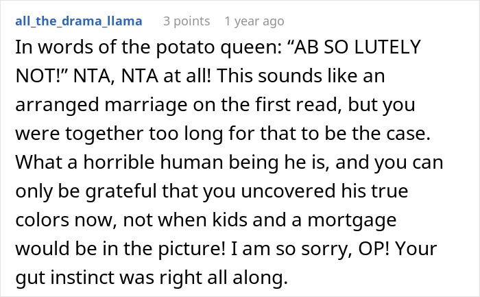 Screenshot of an online comment about a couple split at altar after bride overhears groom’s unexpected revelations. Screenshot of an online comment about a couple split at altar after bride overhears groom’s unexpected revelations.