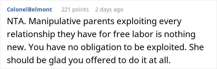 Screenshot of Reddit comment discussing manipulative parents expecting free babysitting using the family card excuse.