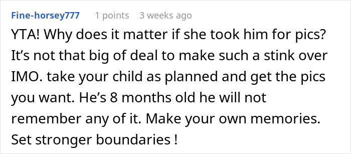 Comment criticizing step-grandma sneaking baby to Santa, discussing babysitting boundaries and memories with an 8-month-old.