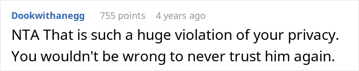 Screenshot of an online comment discussing privacy violation after a guy records wife’s private therapy sessions.