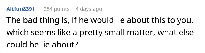 Comment discussing doubts about fianc&eacute;&rsquo;s honesty after lying about woman&rsquo;s family during holiday dinner.