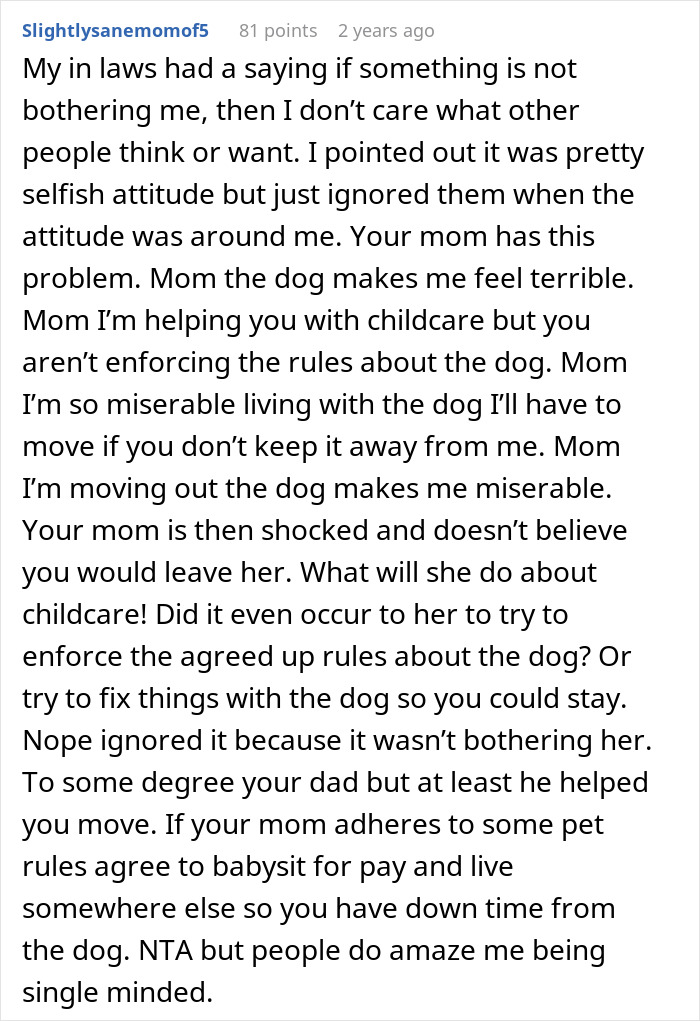 Alt text: Online discussion about family conflict over 23-year-old moving out and lack of childcare options for mom.