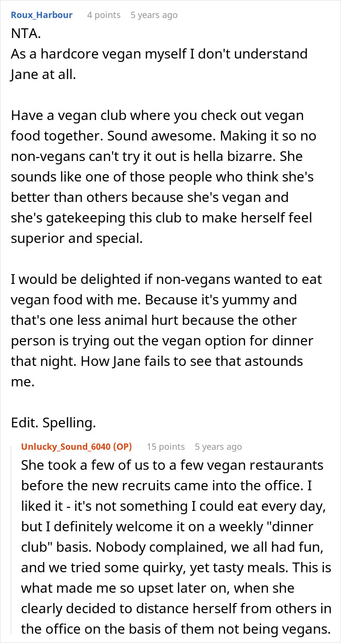 Forum discussion where an employee pushes back against a vegan-only club, sparking a literal beef debate.