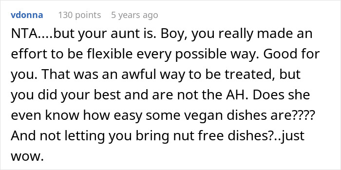 Screenshot of an online comment discussing challenges with no vegan options Christmas Eve dinner and issues with bringing nut-free dishes.