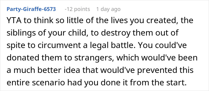 ALT text: Online comment criticizing a couple's decision to destroy embryos after discovering a friend's true colors controversy. ALT text: Online comment criticizing a couple's decision to destroy embryos after discovering a friend's true colors controversy.