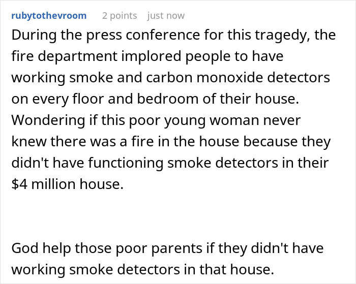 Comment discussing a tragic Christmas Eve accident involving a sorority girl in a family&rsquo;s multi-million dollar mansion.