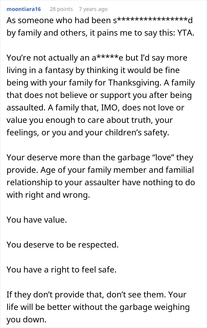 Comment expressing support for a woman who feels like she ruined Thanksgiving after blowing up at family for leaving dinner. Comment expressing support for a woman who feels like she ruined Thanksgiving after blowing up at family for leaving dinner.
