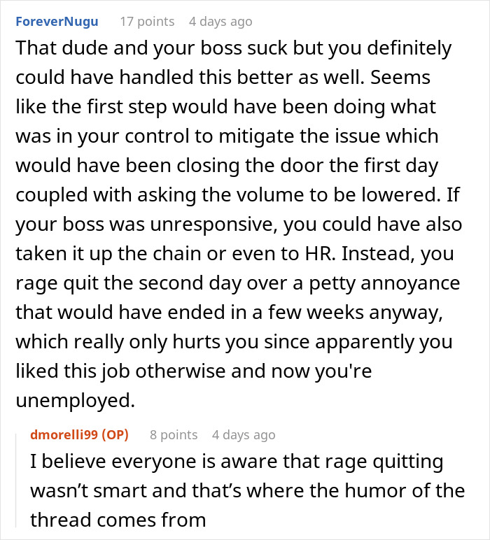 Comment discussing a coworker rage quitting after a man refuses to stop blasting Christmas music in the office. Comment discussing a coworker rage quitting after a man refuses to stop blasting Christmas music in the office.