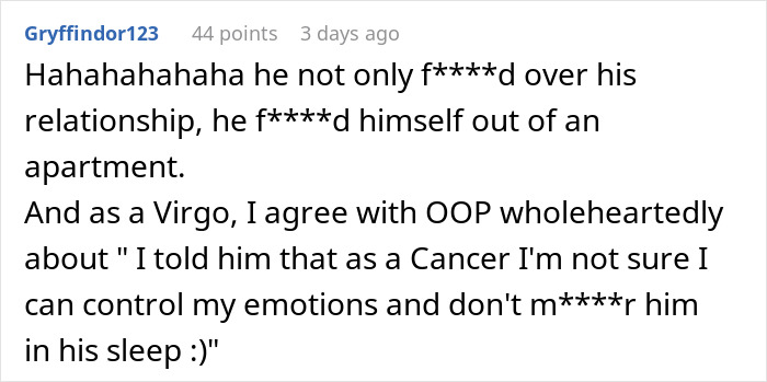 Comment discussing a cheating boyfriend, astrology obsession, and blaming Cancer zodiac traits for emotional control issues.