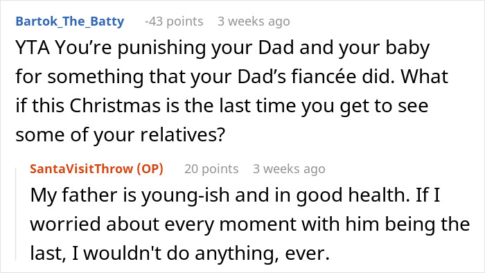 Screenshot of an online discussion about step-grandma sneaking baby to Santa and consequences of losing babysitting privileges.