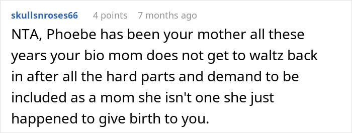 Screenshot of a Reddit comment discussing a bio mom upset after daughter honors dad's bestie as mom at wedding.