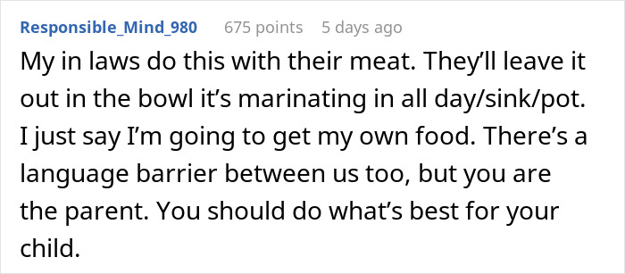 Comment about mother-in-law preparing chicken improperly, causing woman to lose appetite and worry about illness.