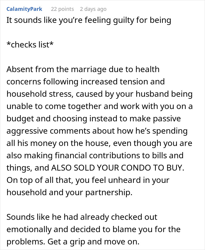 Text post about a woman regretting divorce after financial and emotional stress in her marriage causing tension.
