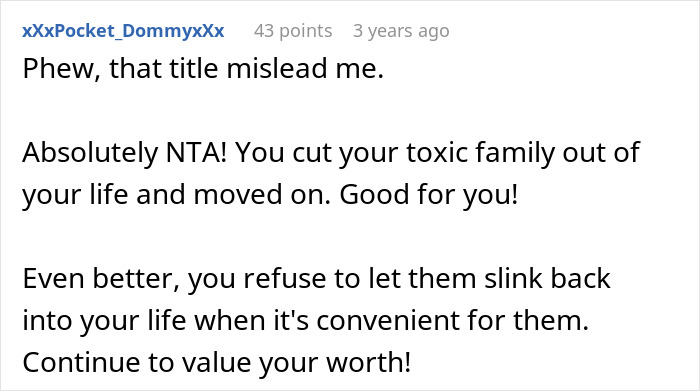Reddit comment praising someone for cutting toxic family ties after being treated poorly by a gay bro.