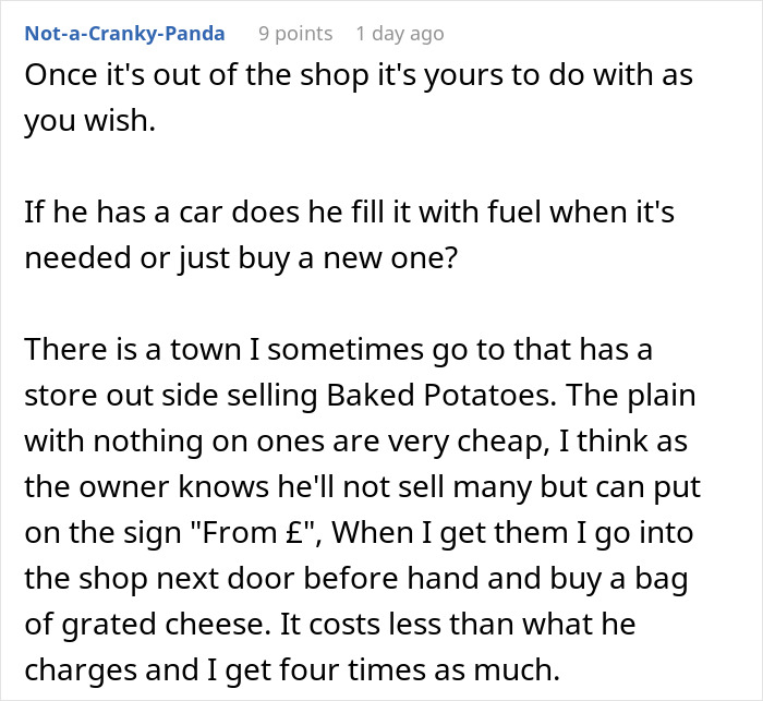 Text post from online forum discussing opinions on car maintenance and buying baked potatoes with grated cheese from a local store.