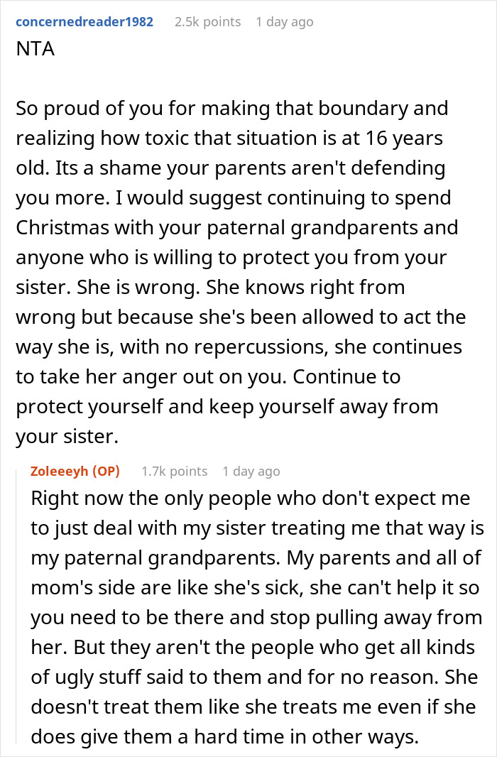 Reddit conversation about a woman threatening her sister&rsquo;s life and parents wanting them to reunite for Christmas.