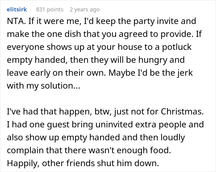 Commenter advises keeping Christmas dinner invite despite lazy relatives not bringing food, suggesting pizza as a solution.