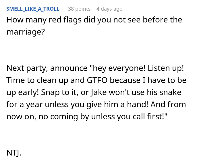 Text of a Reddit comment discussing setting rules to shut down boys&rsquo; nights at the house after they go too far.