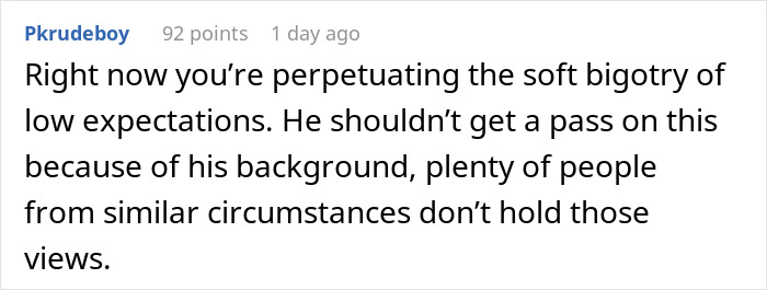 Comment discussing low expectations and background biases related to a coworker told to stay home and birth babies. Comment discussing low expectations and background biases related to a coworker told to stay home and birth babies.