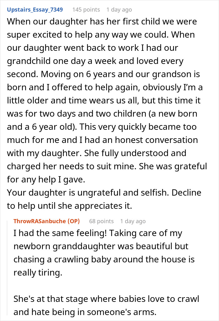 Comments discussing the challenges and refusal of taking care of a granddaughter for free due to exhaustion and personal limits.