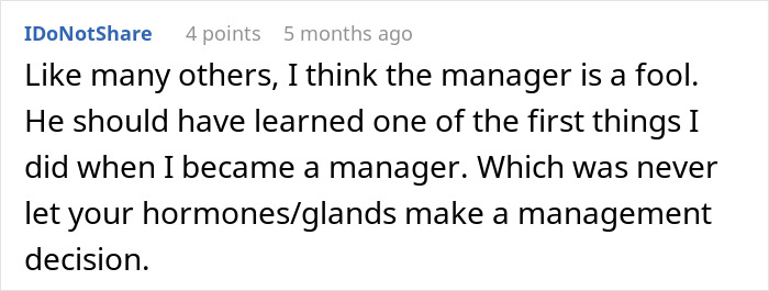 Comment criticizing a manager for letting personal feelings affect hiring decisions in a workplace scenario. Comment criticizing a manager for letting personal feelings affect hiring decisions in a workplace scenario.