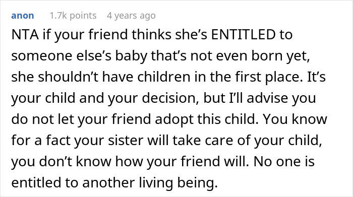 Screenshot of online comment discussing a friend wanting a white baby and dispute over sister adopting instead.