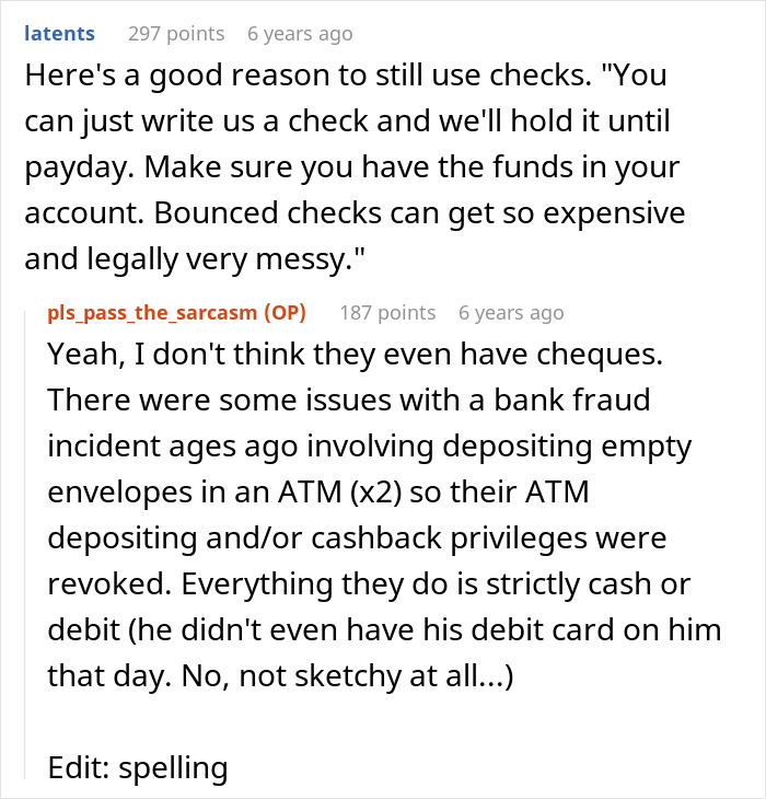Reddit conversation humor about paying bills with checks and issues with bank fraud, related to brother makes bill pay dinner situation.