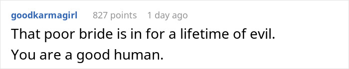 Text comment from user reflecting sympathy for bride involved in MIL&rsquo;s plan to make bride look ugly in wedding illustration.