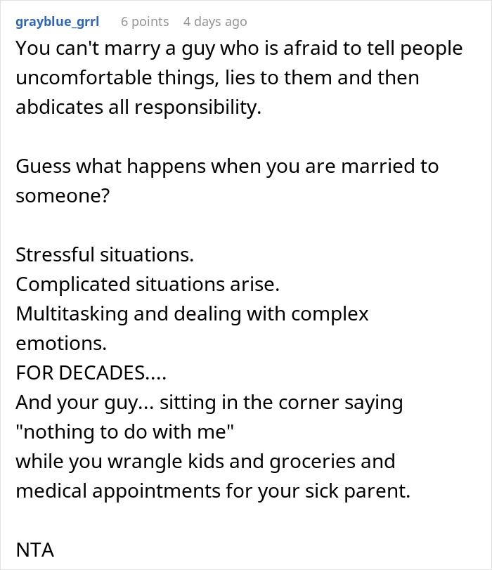 Comment discussing stress and lies in marriage, reflecting on woman rethinking her engagement after fianc&eacute;&rsquo;s family lie at dinner.
