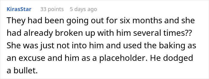 Comment discussing a woman ending her relationship due to boyfriend&rsquo;s strong passion for pastries.