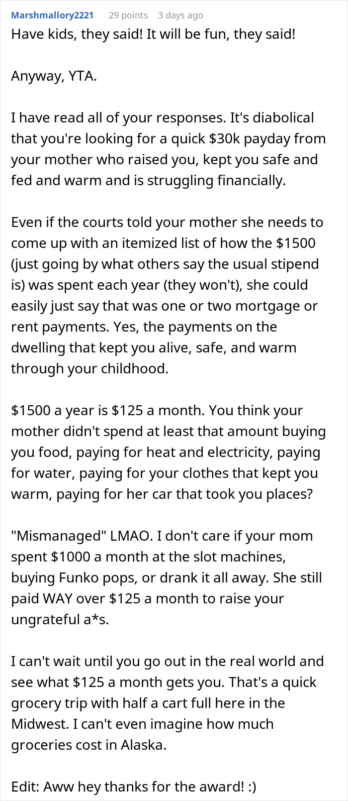 Screenshot of online comment discussing teen's missing $30k and mom&rsquo;s vague answers amid financial struggles and online criticism.