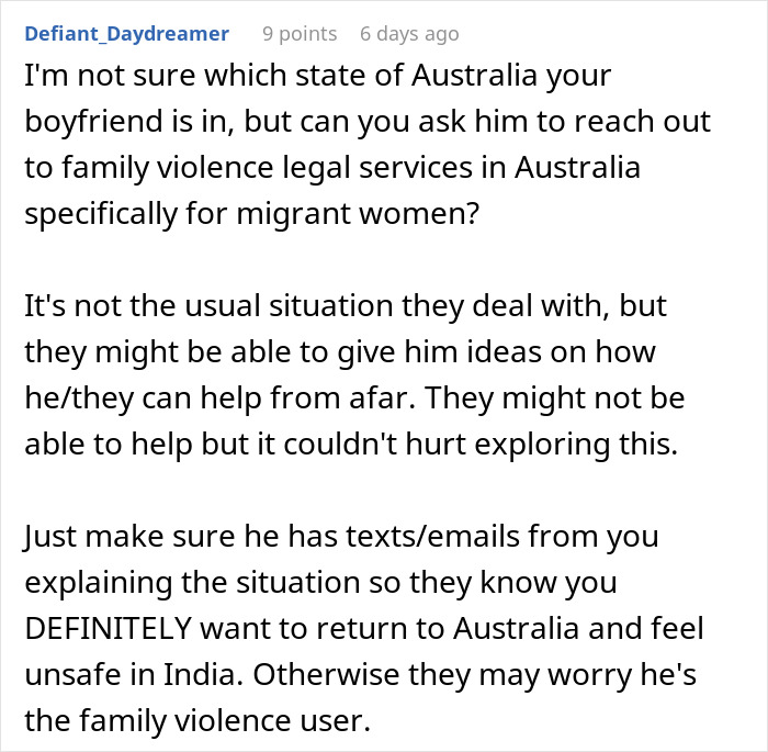 Comment discussing reaching out to family violence legal services for help with being held hostage at parents&rsquo; place.
