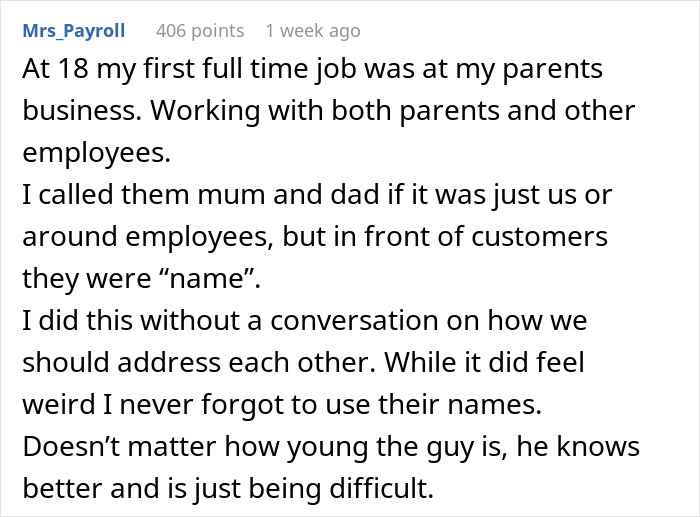 Text post sharing a story about being weirded out as a woman when coworker insists on calling her work mom.