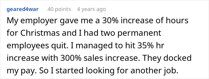 Screenshot of an online comment describing increased hours and sales at a coffee shop after manager enforces rules.