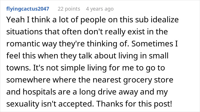 Comment discussing disillusionment with simple lifestyle ideals after moving to an African country, facing challenges and acceptance issues.