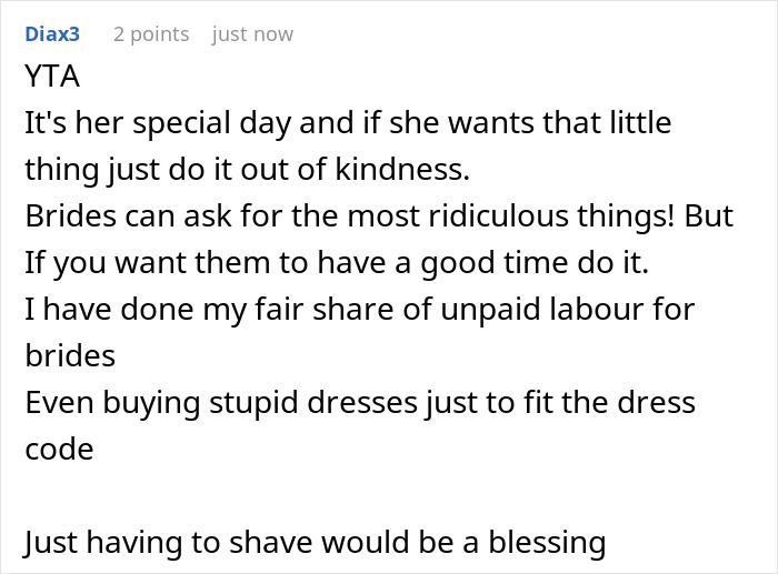 Comment discussing guest discomfort over bride and groom taking woman's hairy armpits as a personal insult.
