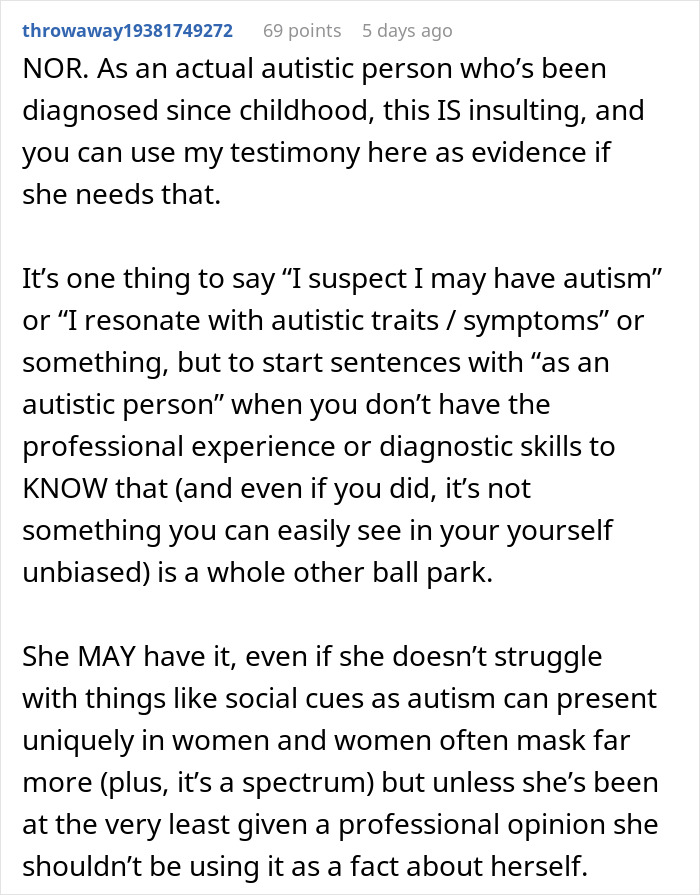 Comment discussing self-diagnosed autism and the impact on behavior in relationships, highlighting authenticity concerns.