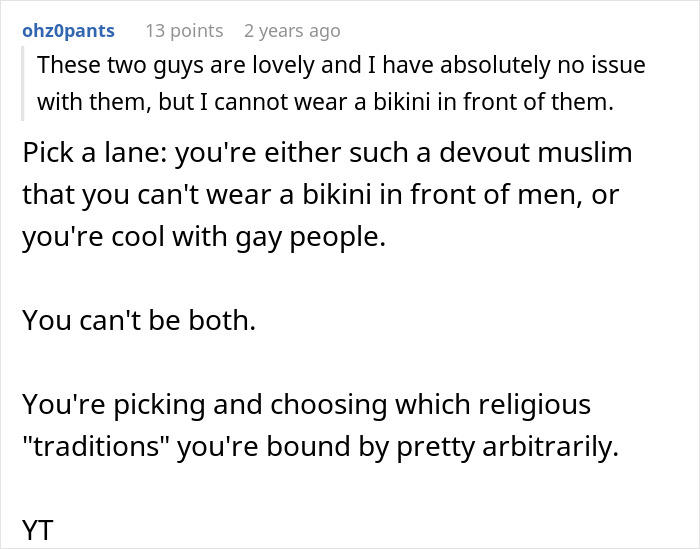 Comment discussing Muslim daughter-in-law refusing to wear bikini due to religious and cultural beliefs.