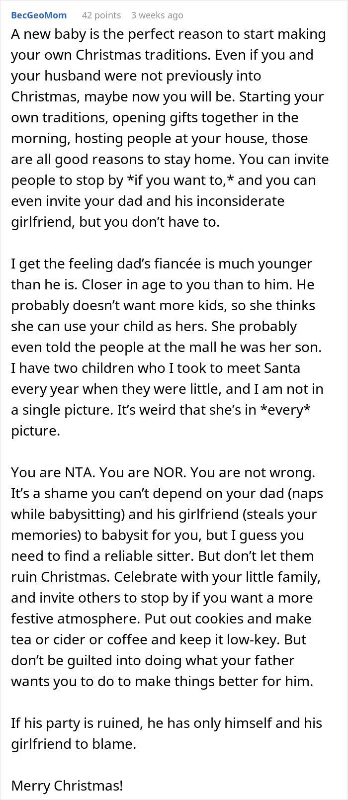 Step-grandma sneaks baby to Santa while watching him, causing family tension and losing babysitting privileges forever.