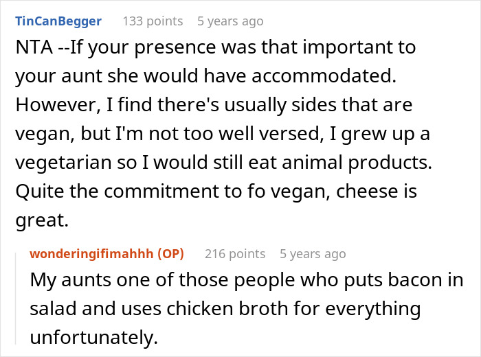 Reddit comments discussing lack of vegan options at Christmas Eve dinner and challenges with accommodating dietary needs.