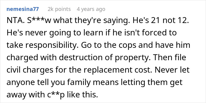 Screenshot of online comment discussing a man demanding cousin pay for his cruel prank and aunt&rsquo;s reaction.