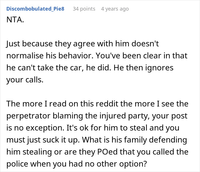 Reddit user discusses family turning on woman after her half-brother was arrested for stealing her car.