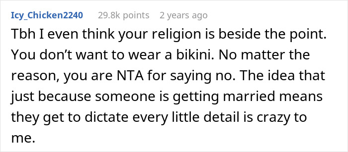 Comment discussing refusal to wear bikini at bridal party, highlighting family conflict and Muslim daughter-in-law issues.