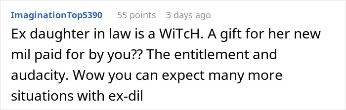 Screenshot of a forum comment describing an entitled ex-daughter-in-law and Grandma’s savage holiday clapback story. Screenshot of a forum comment describing an entitled ex-daughter-in-law and Grandma’s savage holiday clapback story.