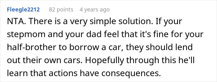 Screenshot of an online comment discussing a family turning on a woman for having her half-brother arrested over car theft.